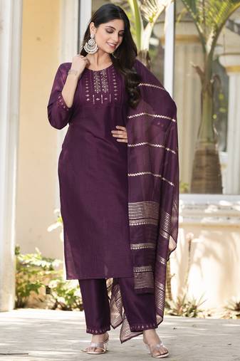 Wine silk blend embroidered kurta set with dupatta for women
