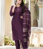 Wine silk blend embroidered kurta set with dupatta for women