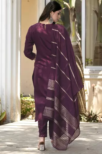 Wine silk blend embroidered kurta set with dupatta for women