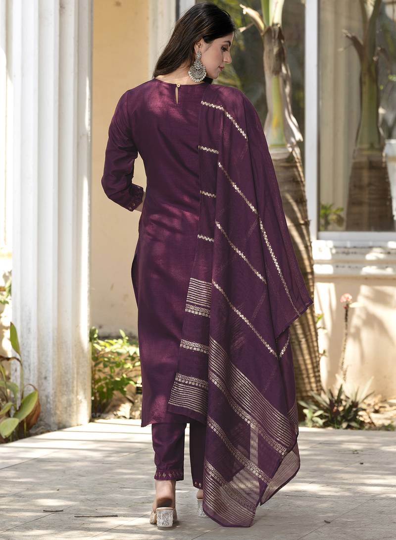 Wine silk blend embroidered kurta set with dupatta for women
