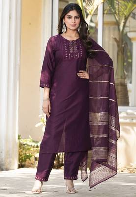 Wine silk blend embroidered kurta set with dupatta for women 3