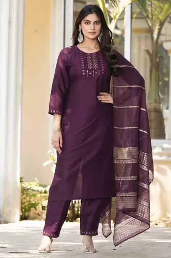 Wine silk blend embroidered kurta set with dupatta for women