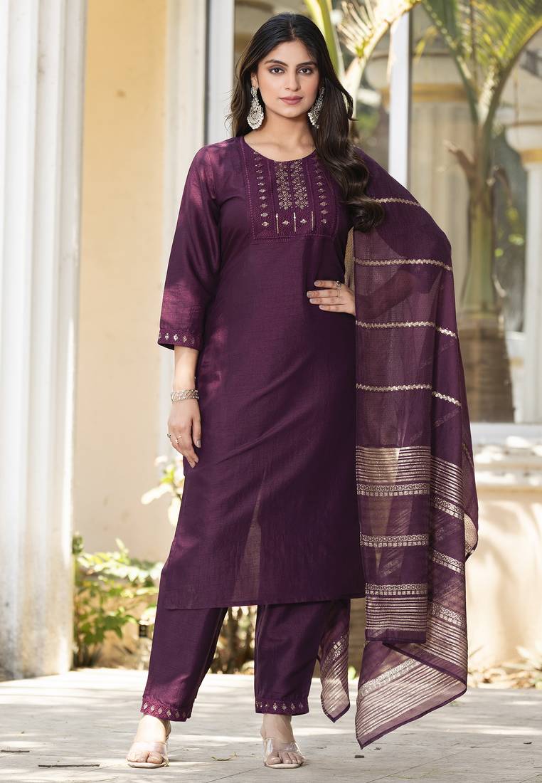 Wine silk blend embroidered kurta set with dupatta for women