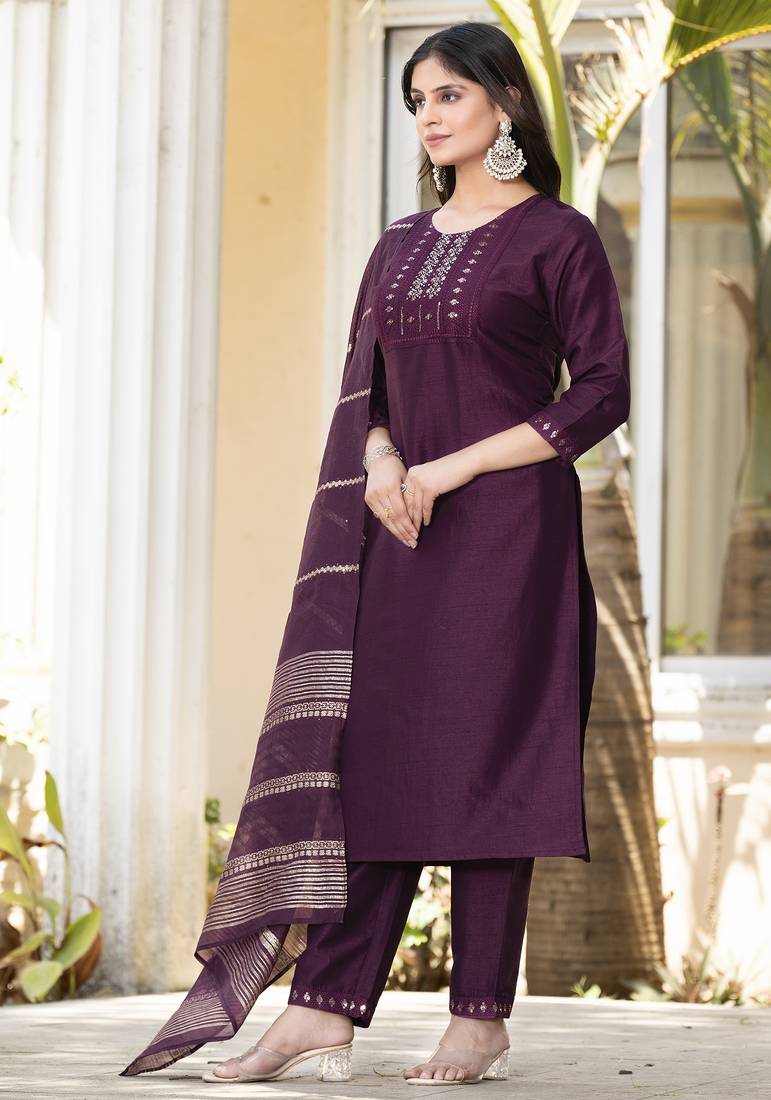 Wine silk blend embroidered kurta set with dupatta for women