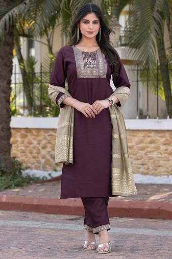Wine silk blend embroidered kurta set with dupatta for women