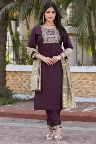 Wine silk blend embroidered kurta set with dupatta for women