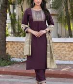 Wine silk blend embroidered kurta set with dupatta for women