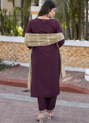 Wine silk blend embroidered kurta set with dupatta for women 2