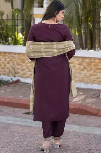 Wine silk blend embroidered kurta set with dupatta for women