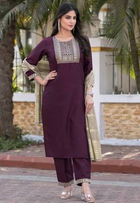 Wine silk blend embroidered kurta set with dupatta for women 3