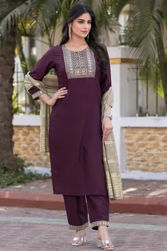 Wine silk blend embroidered kurta set with dupatta for women