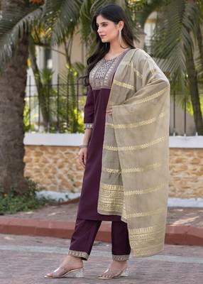 Wine silk blend embroidered kurta set with dupatta for women 4