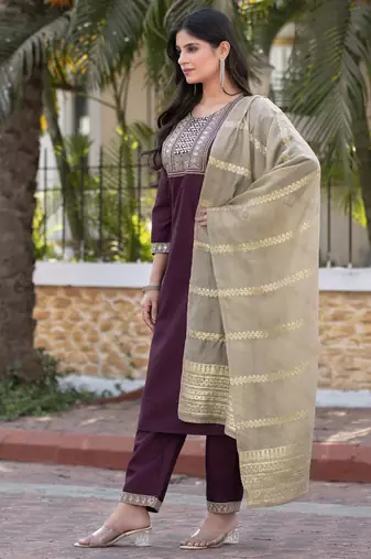 Wine silk blend embroidered kurta set with dupatta for women