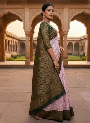 Baby pink silk blend banarasi saree with unstitched blouse piece 2