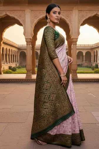 Baby pink silk blend banarasi saree with unstitched blouse piece