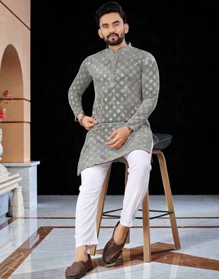 Grey  chikankari embroidered   men's only viscose rayon kurta 1