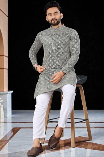 Grey  chikankari embroidered   men's only viscose rayon kurta