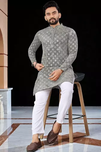 Grey  chikankari embroidered   men's only viscose rayon kurta