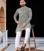 Grey  chikankari embroidered   men's only viscose rayon kurta