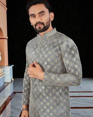 Grey  chikankari embroidered   men's only viscose rayon kurta 2