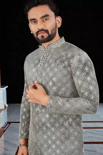 Grey  chikankari embroidered   men's only viscose rayon kurta
