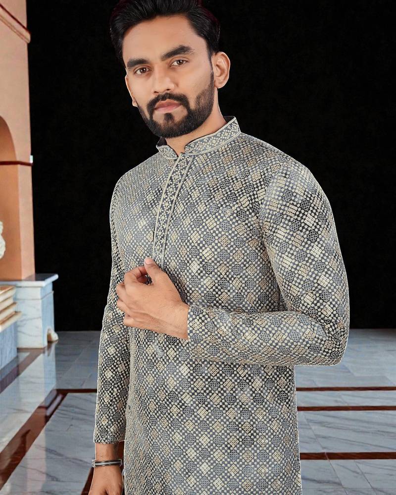 Grey  chikankari embroidered   men's only viscose rayon kurta