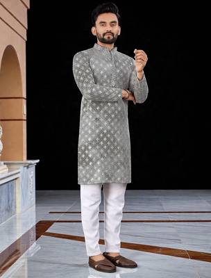 Grey  chikankari embroidered   men's only viscose rayon kurta 4