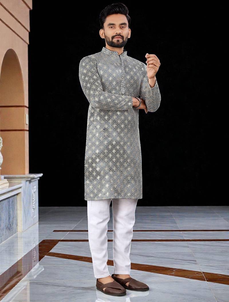 Grey  chikankari embroidered   men's only viscose rayon kurta