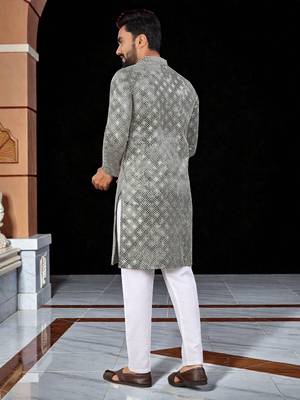 Grey  chikankari embroidered   men's only viscose rayon kurta 5