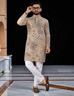 Peach  chikankari embroidered   men's only viscose rayon kurta 1