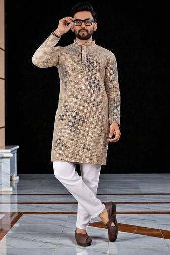 Peach  chikankari embroidered   men's only viscose rayon kurta