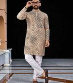 Peach  chikankari embroidered   men's only viscose rayon kurta