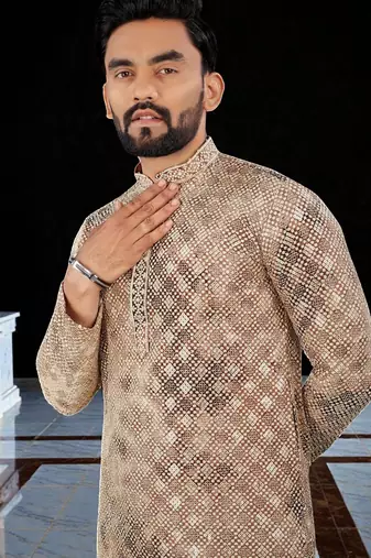 Peach  chikankari embroidered   men's only viscose rayon kurta