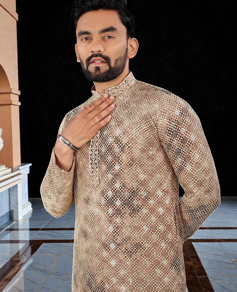 Peach  chikankari embroidered   men's only viscose rayon kurta
