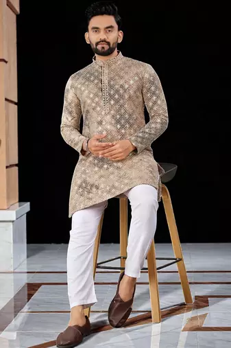 Peach  chikankari embroidered   men's only viscose rayon kurta