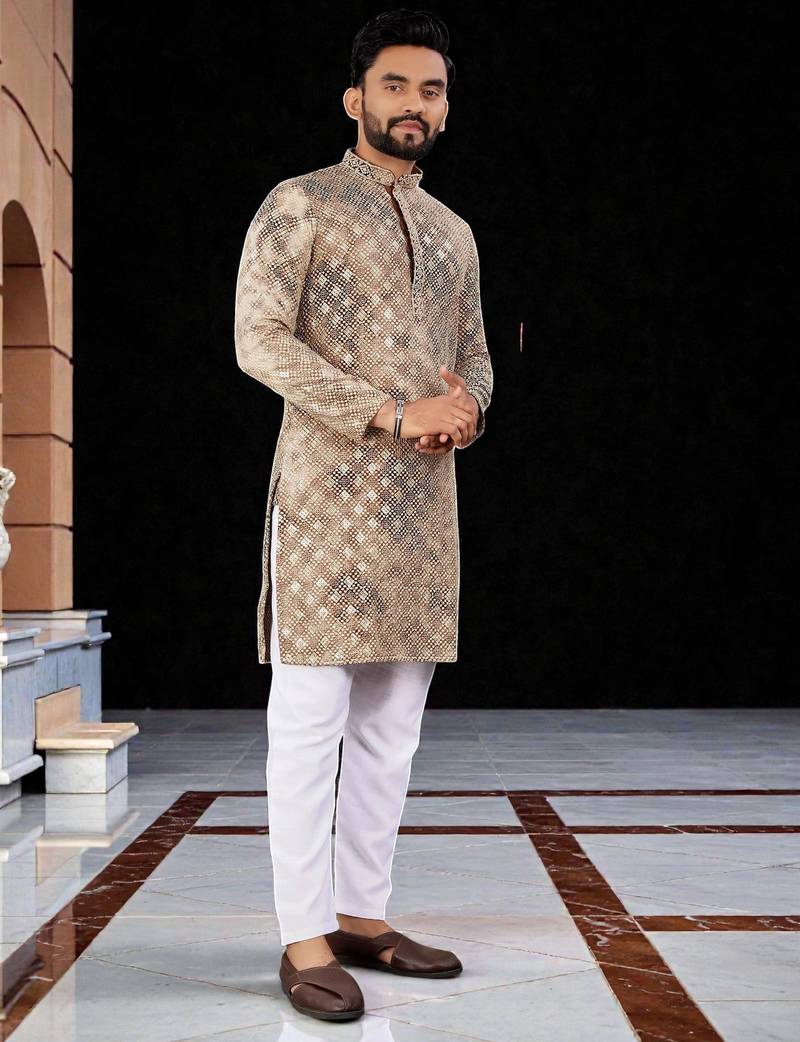 Peach  chikankari embroidered   men's only viscose rayon kurta