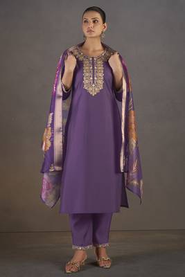 Purple roman silk embroidered with sequined work kurta set for women 1