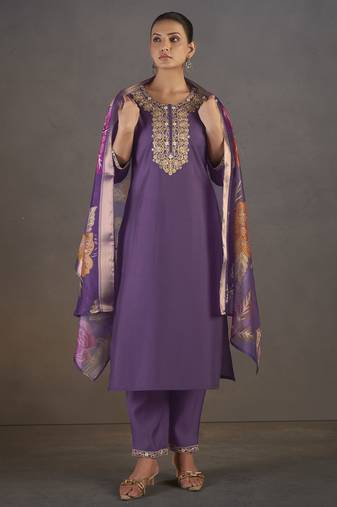 Purple roman silk embroidered with sequined work kurta set for women