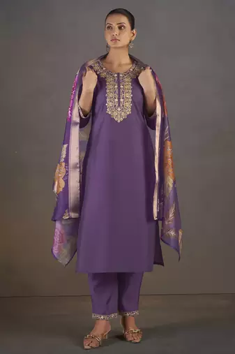 Purple roman silk embroidered with sequined work kurta set for women