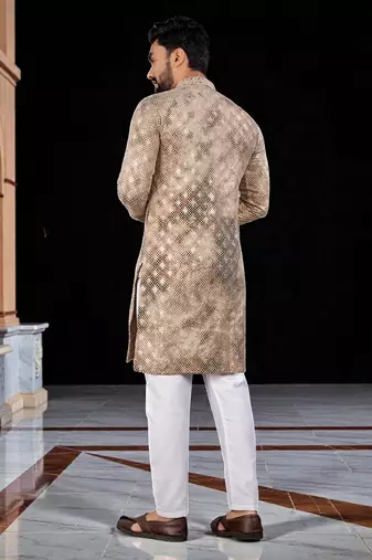 Peach  chikankari embroidered   men's only viscose rayon kurta