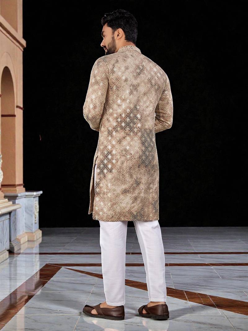 Peach  chikankari embroidered   men's only viscose rayon kurta