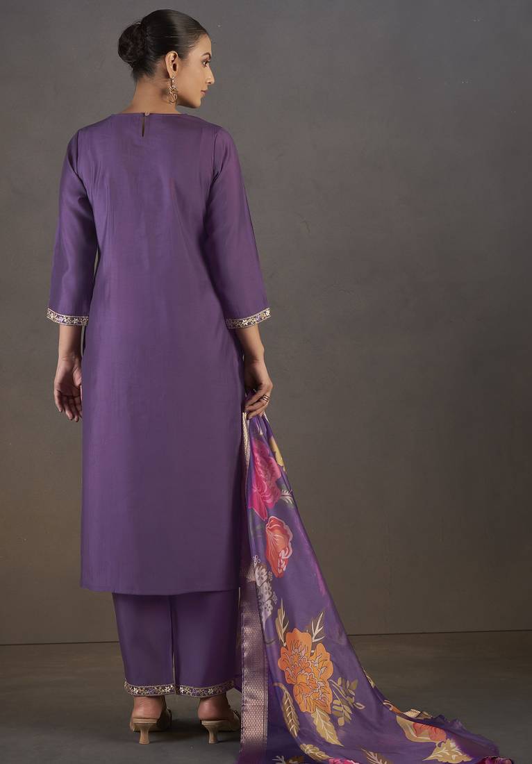 Purple roman silk embroidered with sequined work kurta set for women