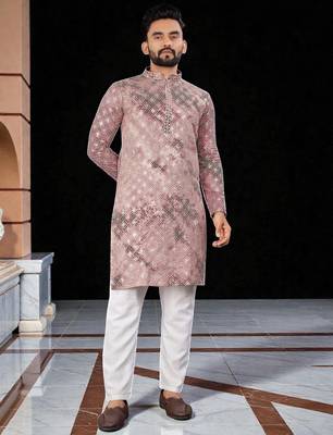 Pink  chikankari embroidered   men's only viscose rayon kurta 1