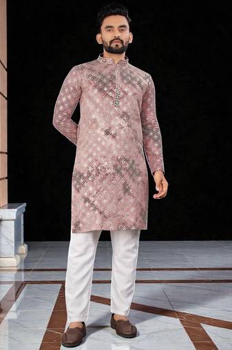 Pink  chikankari embroidered   men's only viscose rayon kurta