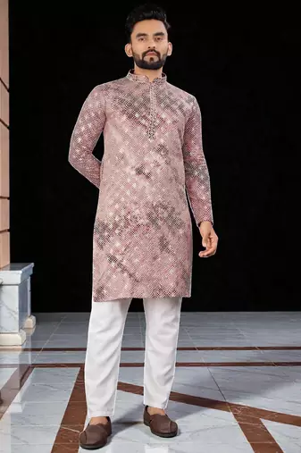 Pink  chikankari embroidered   men's only viscose rayon kurta