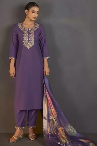 Purple roman silk embroidered with sequined work kurta set for women