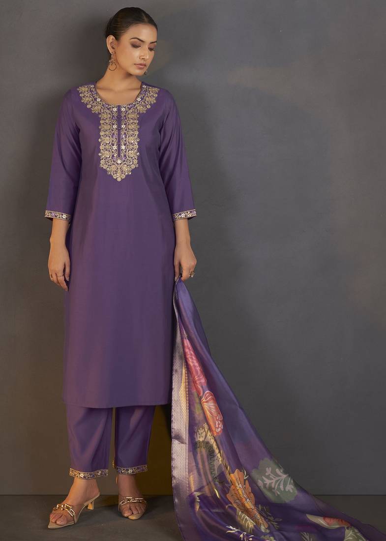 Purple roman silk embroidered with sequined work kurta set for women