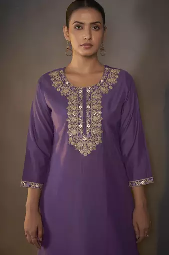 Purple roman silk embroidered with sequined work kurta set for women