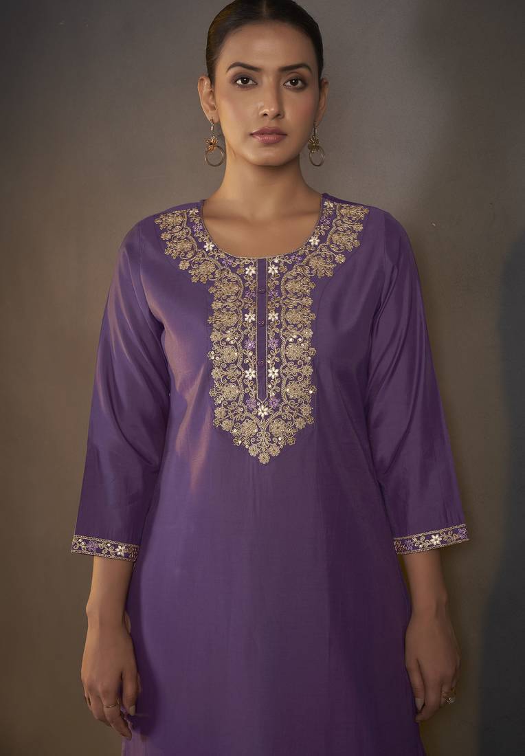 Purple roman silk embroidered with sequined work kurta set for women