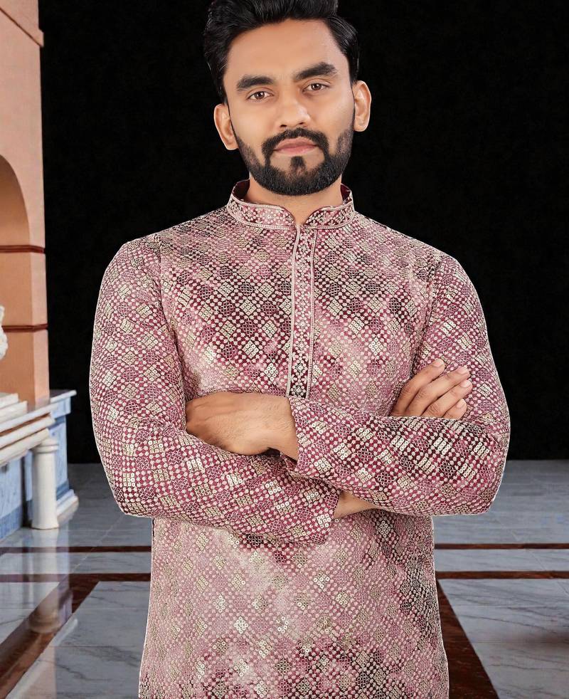 Pink  chikankari embroidered   men's only viscose rayon kurta